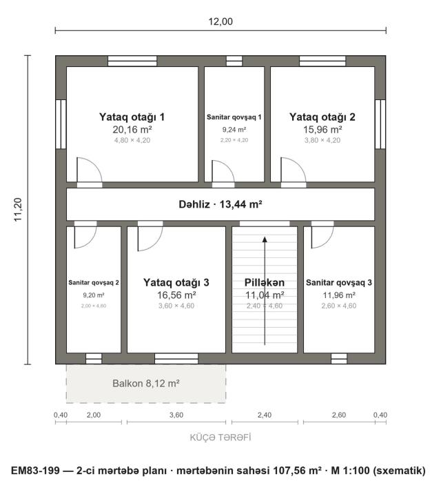 EM83-199 layihəsinin 2-ci mərtəbə planı — 3 yataq otağı