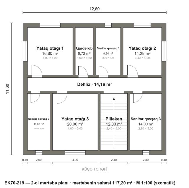 EK70-219 layihəsinin 2-ci mərtəbə planı — 3 yataq otağı