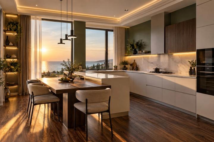 Modern üslubunda mətbəx (villa, axşamüstü işıq) — Premium təmir paketi, dizayn vizuallaşdırması