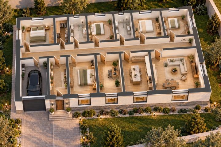 BM90-201 layihəsinin 3D kəsik planı — mebelli otaqlar, vizuallaşdırma
