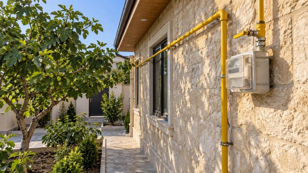 Həyət evinin daş divarı boyunca çəkilmiş sarı qaz borusu və sayğac qutusu