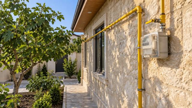Həyət evinin daş divarı boyunca çəkilmiş sarı qaz borusu və sayğac qutusu