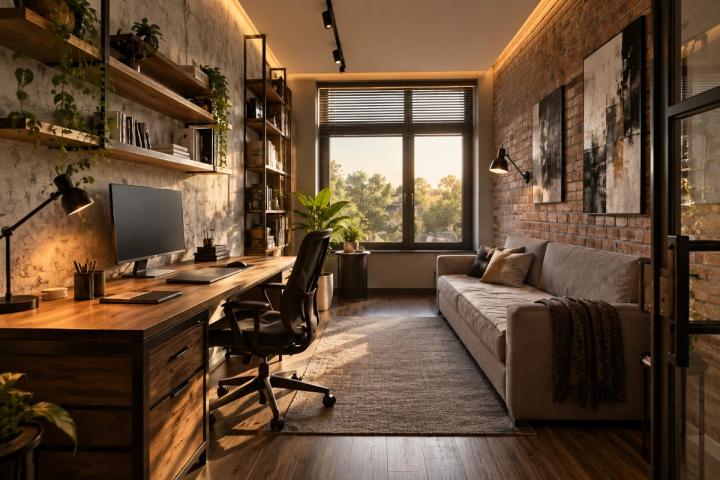Loft üslubunda kabinet (həyət evi, axşamüstü işıq) — Standart təmir paketi, dizayn vizuallaşdırması