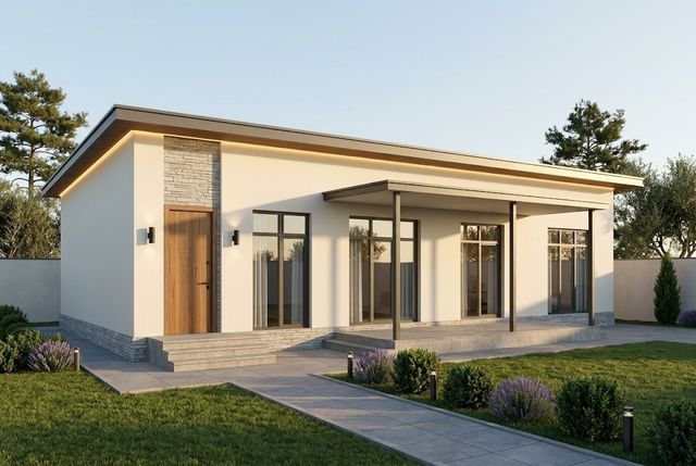BM31-176 layihəsinin fasad vizuallaşdırması — düz dam, örtülü terras