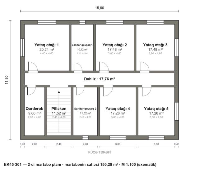 EK45-301 layihəsinin 2-ci mərtəbə planı — 6 yataq otağı