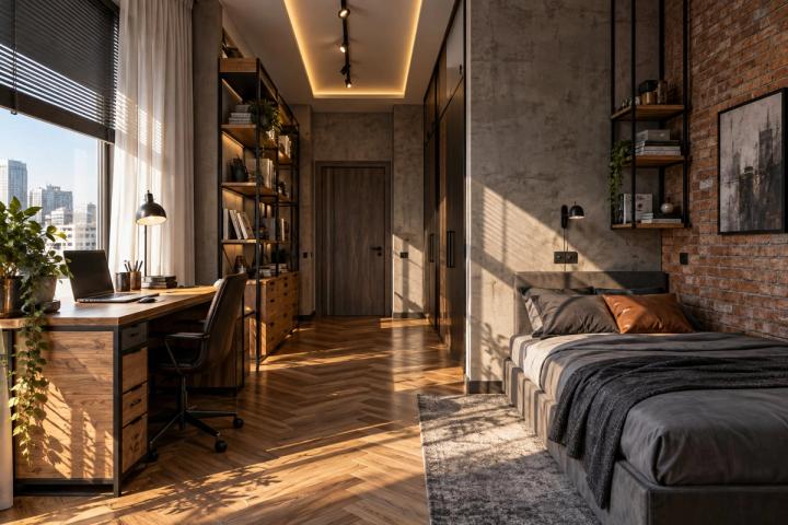 Loft üslubunda uşaq otağı (yeni tikili mənzil, səhər günəşi) — Premium təmir paketi, dizayn vizuallaşdırması