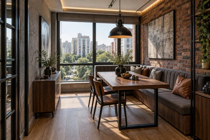 Loft üslubunda yemək zonası (yeni tikili mənzil, gündüz işığı) — Standart təmir paketi, dizayn vizuallaşdırması