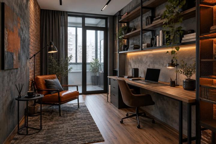 Loft üslubunda kabinet (yaşayış kompleksində mənzil, qış gündüzü) — Standart təmir paketi, dizayn vizuallaşdırması