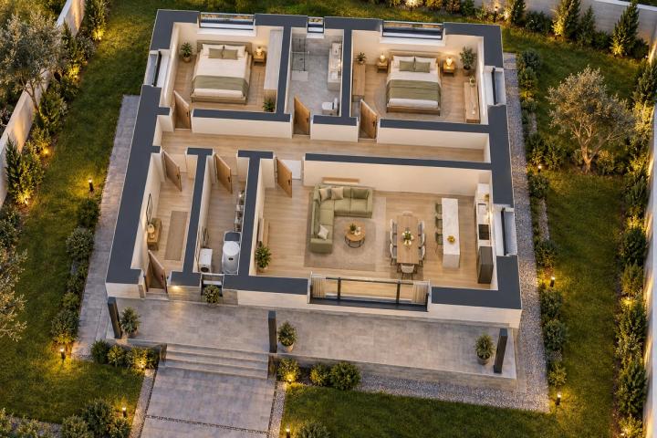 BM04-092 layihəsinin 3D kəsik planı — mebelli otaqlar, vizuallaşdırma