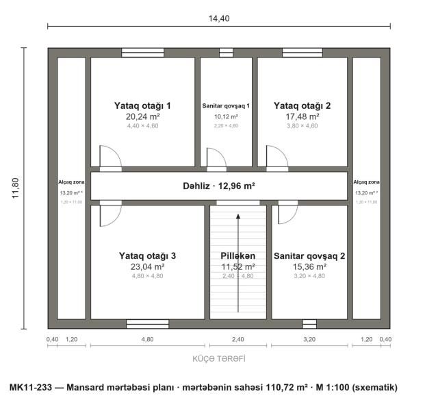 MK11-233 layihəsinin mansard mərtəbəsi planı — 3 yataq otağı