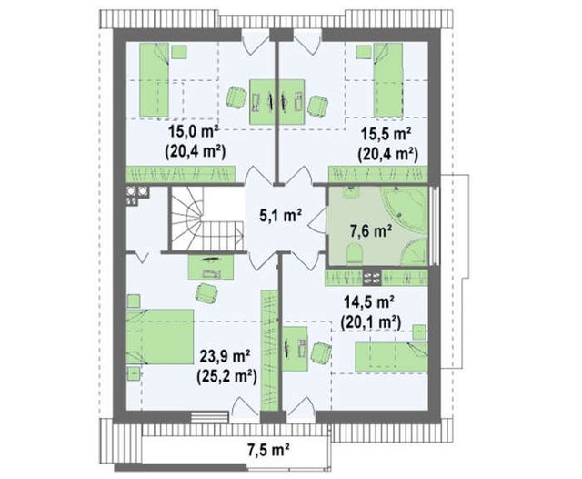 EK03-203 layihəsinin ikinci mərtəbə planı — 5 yataq otağı