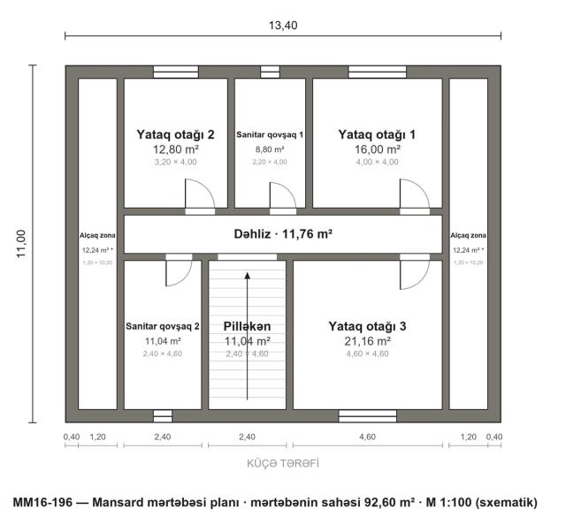 MM16-196 layihəsinin mansard mərtəbəsi planı — 3 yataq otağı