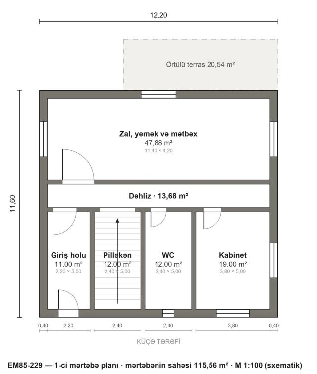 EM85-229 layihəsinin 1-ci mərtəbə planı — 115,56 m²