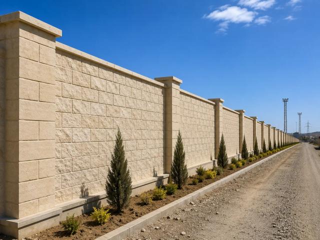 The long stone fence of an oilfield area and the strip of greenery planted along it