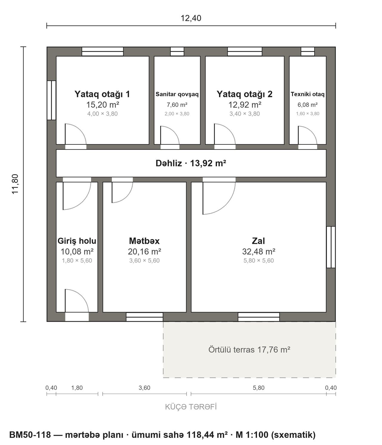 BM50-118 layihəsinin mərtəbə planı — 118 m², 2 yataq otağı