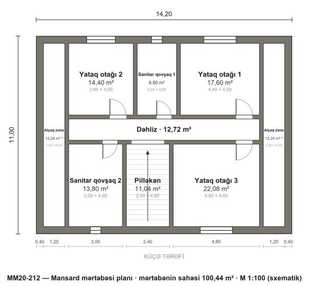 MM20-212 layihəsinin mansard mərtəbəsi planı — 3 yataq otağı