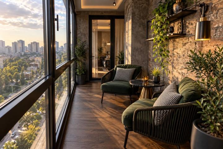 Loft üslubunda eyvan (yeni tikili mənzil, axşamüstü işıq) — Standart təmir paketi, dizayn vizuallaşdırması