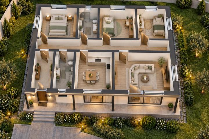 BM11-127 layihəsinin 3D kəsik planı — mebelli otaqlar, vizuallaşdırma