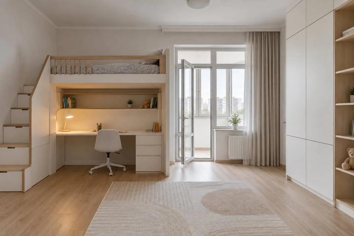 Minimalist üslubunda uşaq otağı (yeni tikili mənzil, gündüz işığı) — Ekonom təmir paketi, dizayn vizuallaşdırması
