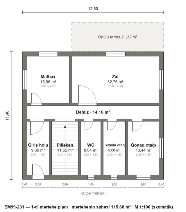 EM99-231 layihəsinin 1-ci mərtəbə planı — 115,68 m²