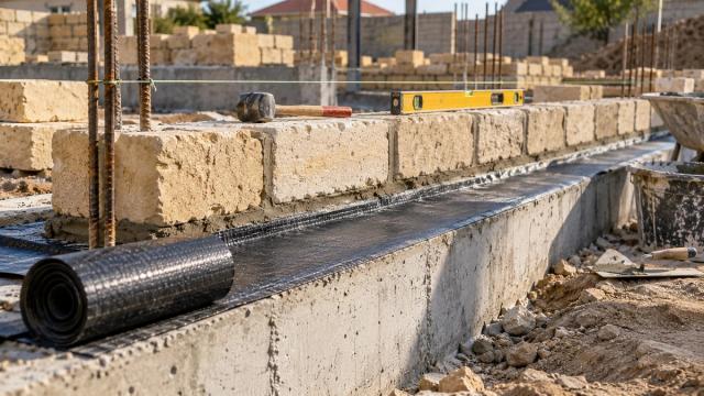 Beton bünövrə üzərində daş kürsü hörgüsü və hidroizolyasiya