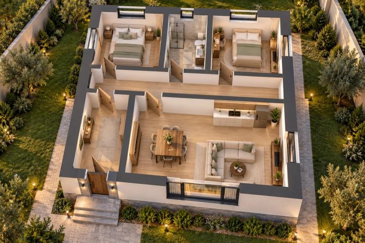 BM72-095 layihəsinin 3D kəsik planı — mebelli otaqlar, vizuallaşdırma