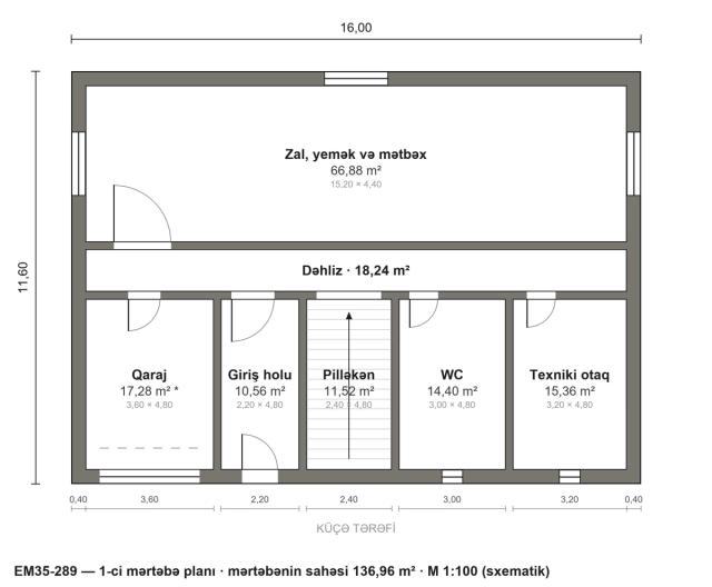 EM35-289 layihəsinin 1-ci mərtəbə planı — 136,96 m²