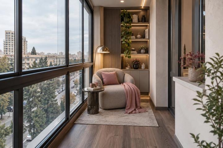 Kontemporari üslubunda eyvan (yaşayış kompleksində mənzil, qış gündüzü) — Standart təmir paketi, dizayn vizuallaşdırması