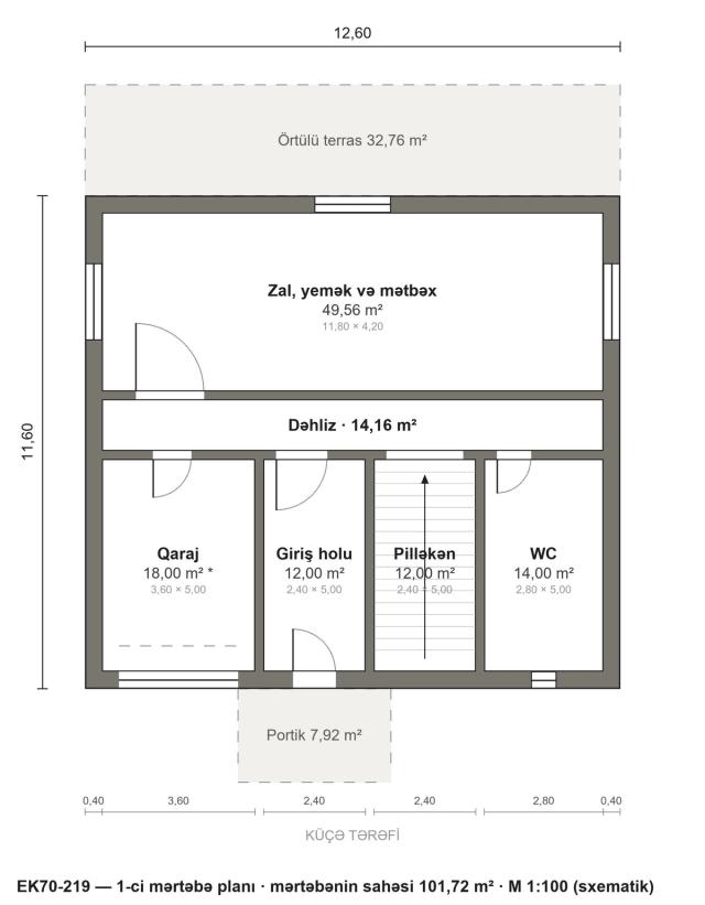 EK70-219 layihəsinin 1-ci mərtəbə planı — 101,72 m²