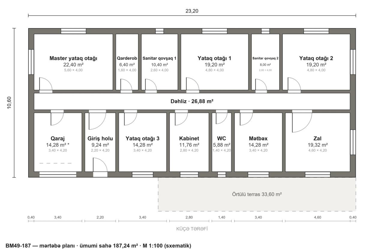 BM49-187 layihəsinin mərtəbə planı — 187 m², 4 yataq otağı
