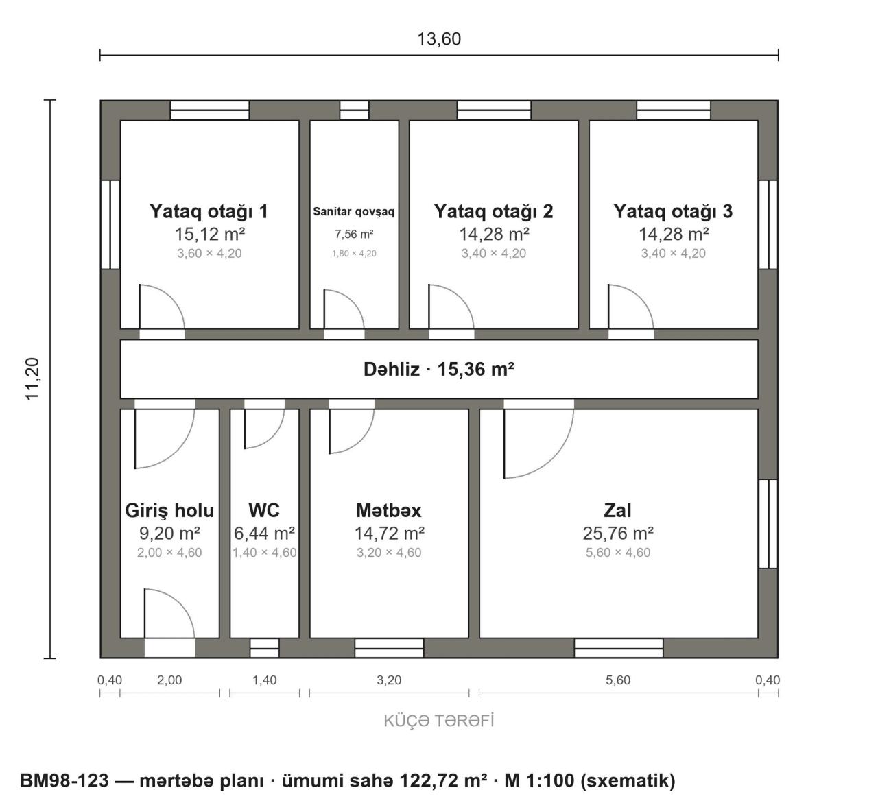 BM98-123 layihəsinin mərtəbə planı — 123 m², 3 yataq otağı
