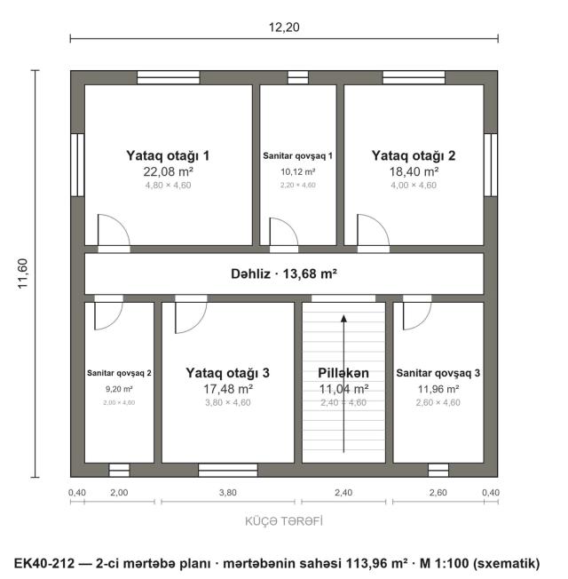 EK40-212 layihəsinin 2-ci mərtəbə planı — 3 yataq otağı