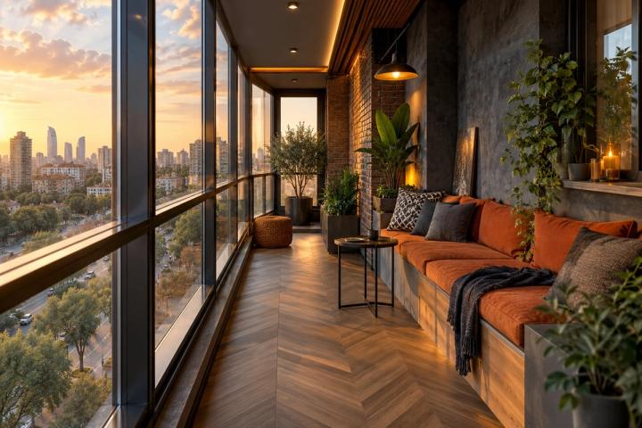 Loft üslubunda eyvan (yeni tikili mənzil, axşamüstü işıq) — Premium təmir paketi, dizayn vizuallaşdırması