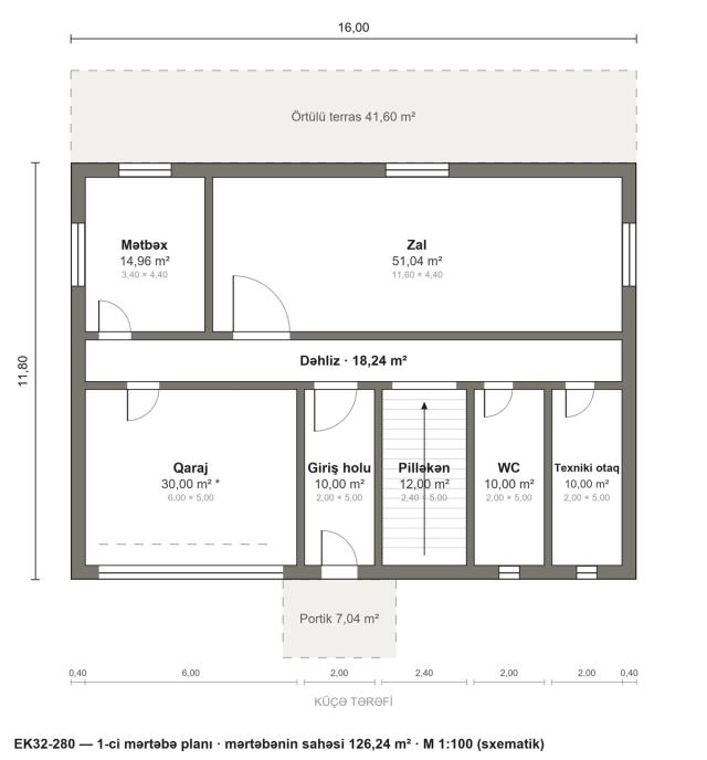 EK32-280 layihəsinin 1-ci mərtəbə planı — 126,24 m²