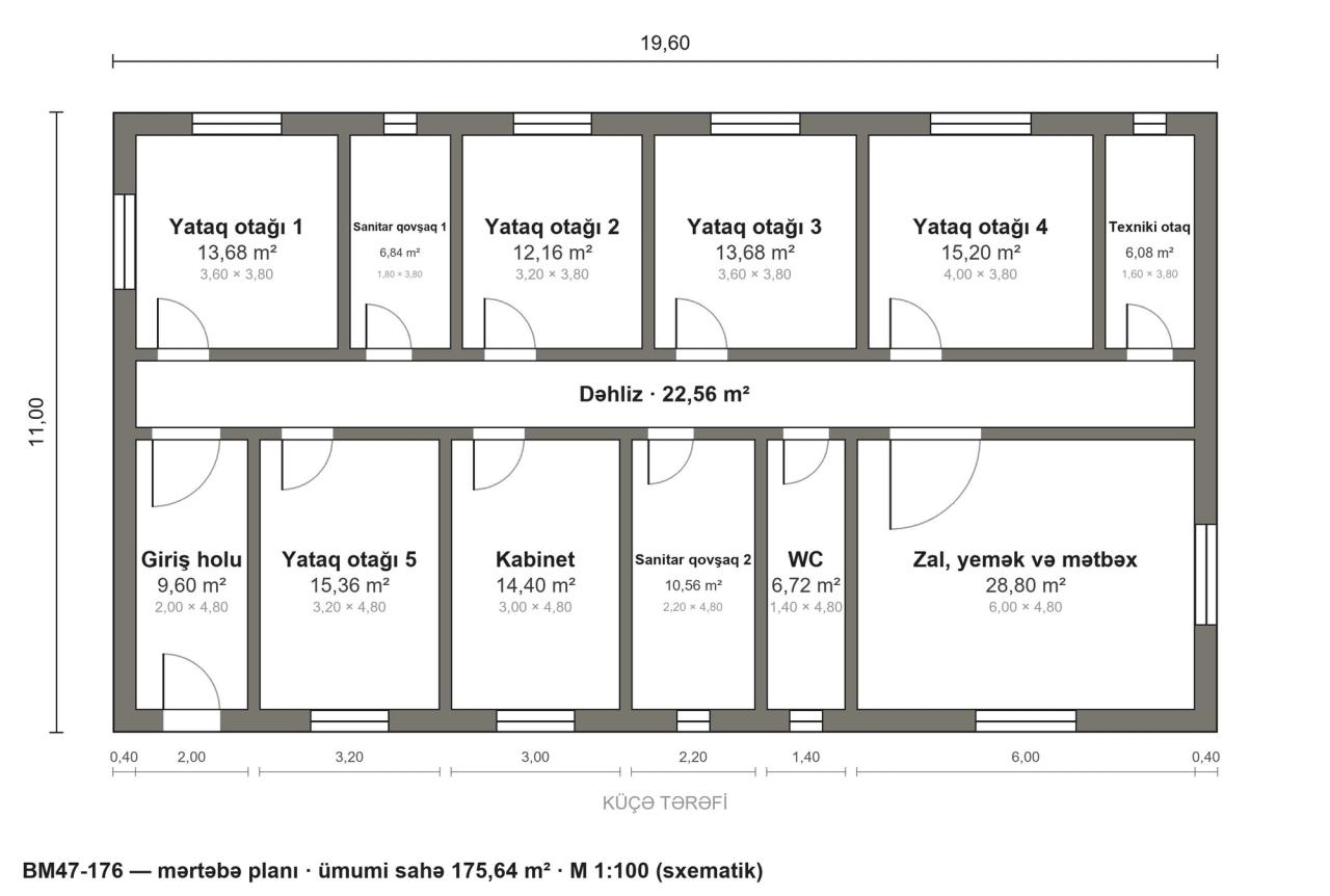 BM47-176 layihəsinin mərtəbə planı — 176 m², 5 yataq otağı