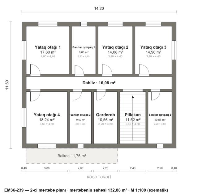 EM36-239 layihəsinin 2-ci mərtəbə planı — 4 yataq otağı