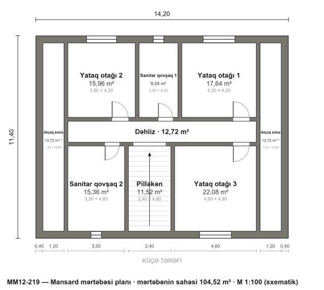 MM12-219 layihəsinin mansard mərtəbəsi planı — 3 yataq otağı