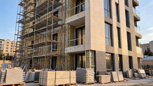 Orta mərtəbəli binada fasad işləri: iskele və yarımçıq üzlük