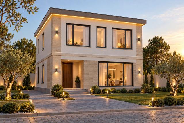 EM52-209 layihəsinin fasad vizuallaşdırması — ikimərtəbəli ev, düz dam