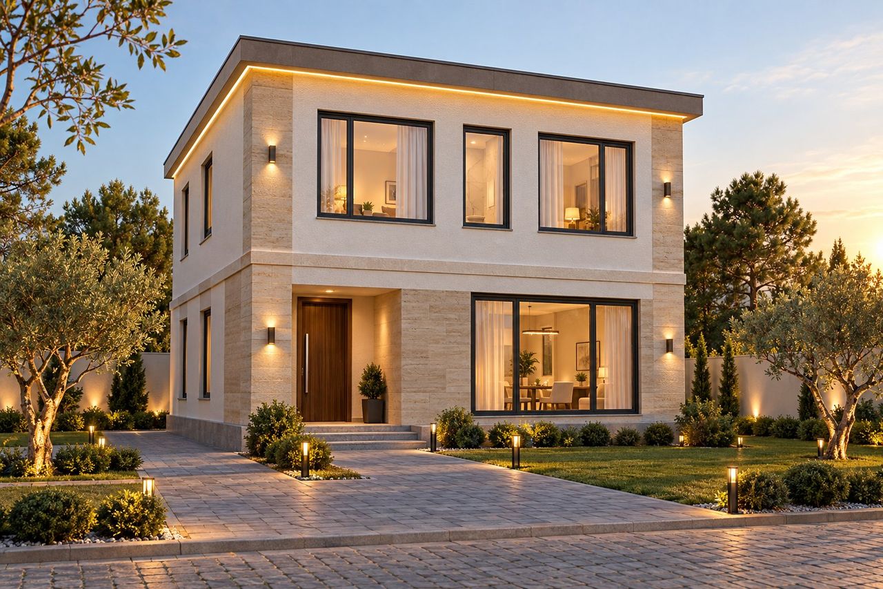 EM52-209 layihəsinin fasad vizuallaşdırması — ikimərtəbəli ev, düz dam