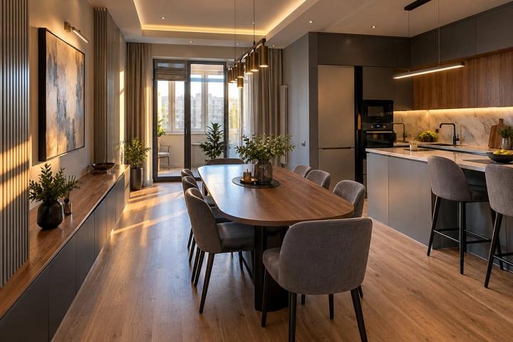 Modern üslubunda yemək zonası (köhnə planlı mənzil, axşamüstü işıq) — Standart təmir paketi, dizayn vizuallaşdırması