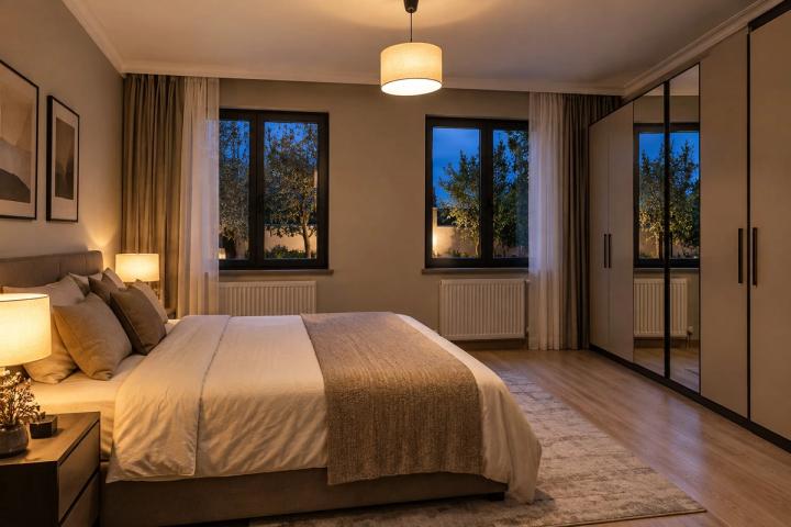 Modern üslubunda yataq otağı (həyət evi, axşam, lampalar yanır) — Ekonom təmir paketi, dizayn vizuallaşdırması