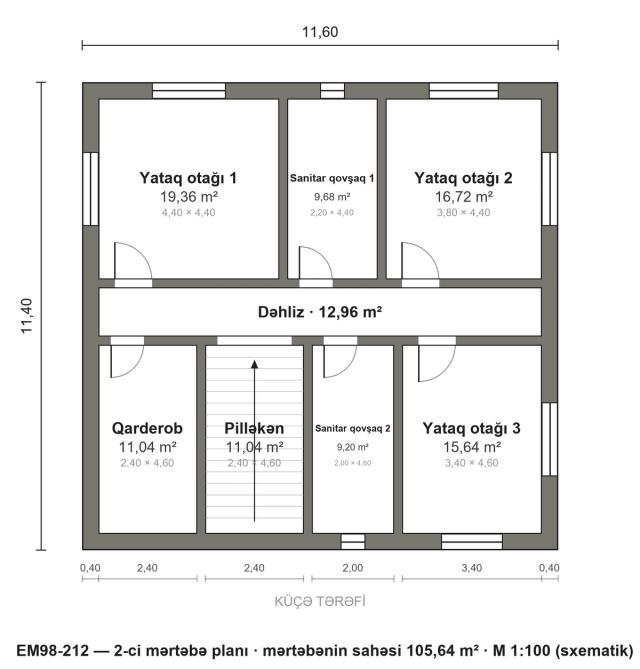 EM98-212 layihəsinin 2-ci mərtəbə planı — 3 yataq otağı