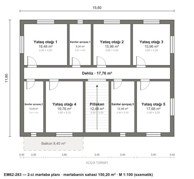EM62-283 layihəsinin 2-ci mərtəbə planı — 5 yataq otağı
