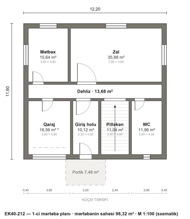 EK40-212 layihəsinin 1-ci mərtəbə planı — 98,32 m²