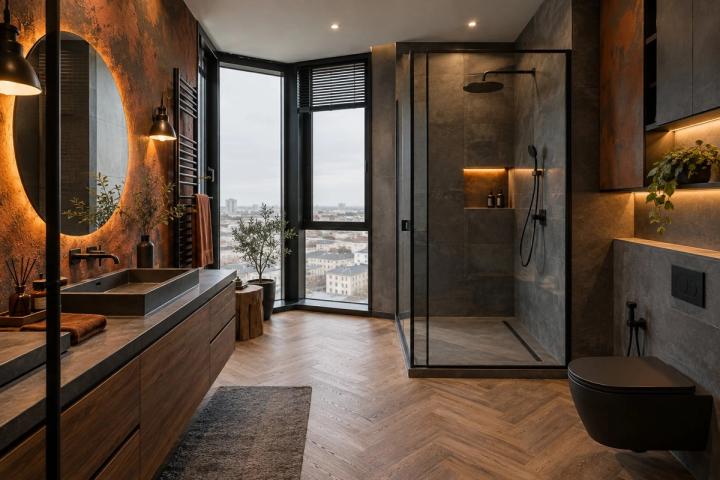 Loft üslubunda sanitar qovşaq (yeni tikili mənzil, gündüz işığı) — Standart təmir paketi, dizayn vizuallaşdırması