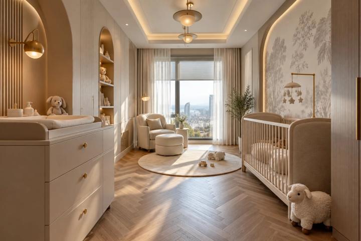 Modern üslubunda uşaq otağı (penthaus, gündüz işığı) — Premium təmir paketi, dizayn vizuallaşdırması