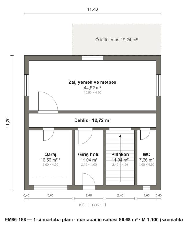 EM86-188 layihəsinin 1-ci mərtəbə planı — 86,68 m²