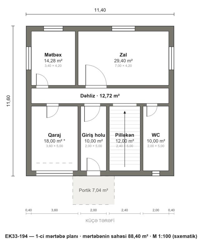 EK33-194 layihəsinin 1-ci mərtəbə planı — 88,40 m²