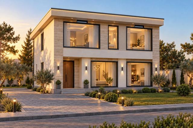 EM87-268 layihəsinin fasad vizuallaşdırması — ikimərtəbəli ev, düz dam